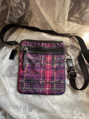 Coach Pink Plaid Signature Crossbody with Black Strap and Leather Trim